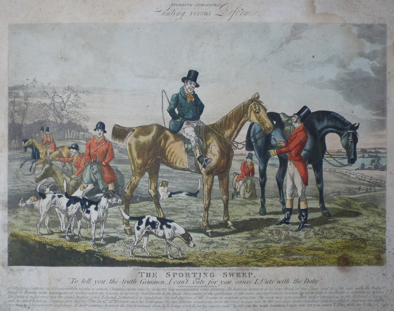 Aquatint - Sporting Anecdotes. Hunting versus Reform. The Sporting Sweep.